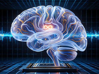 A futuristic, transparent human brain with glowing blue and gold circuitry pulses with an infinity symbol at its core, set against a dark grid background with a digital sound wave