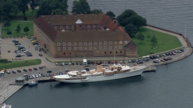 Aerial view of kronborg castle and a yacht in helsingor, denmark