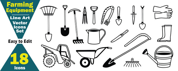 Farming Equipment Line Art Vector Icons Set.  Tractor and Garden Tools wheelbarrow, shovel, spade, rake, fork, hoe, watering can, bucket, gloves, boots, garden tools, farming illustration. 