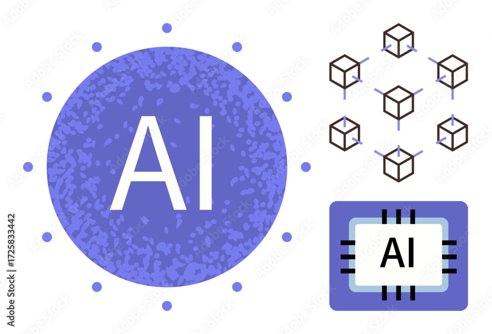 Poster ai text inside circular element, blockchain grid, microchip graphic. ideal for technology, artificia