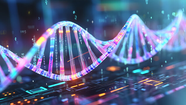 A glowing, futuristic dna double helix structure, illuminated with binary code and vibrant neon colors, superimposed on a digital circuit board