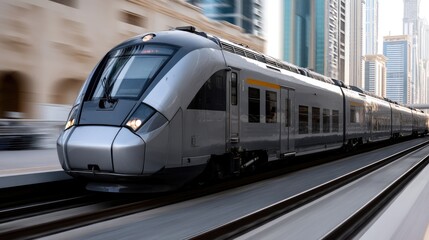 Fototapeta premium A high-speed train stands ready at a busy city station, surrounded by tall buildings and travelers getting on and off