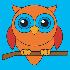 Cartoon owl with big eyes and orange feathers sitting on a branch, blue background