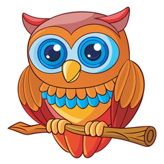 Cartoon owl sitting on a branch with big eyes, colorful and detailed design