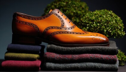 A polished tan leather oxford shoe atop folded wool sweaters