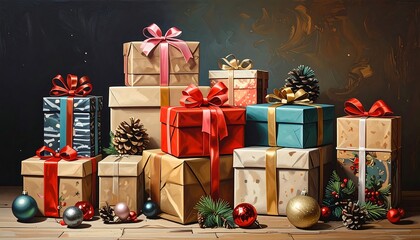 Gift boxes stacked, festive decorations