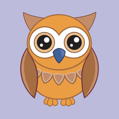 Cute cartoon owl with orange feathers and big eyes on a light purple background
