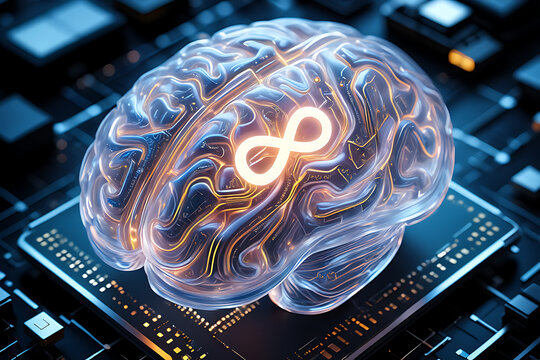A transparent, glowing brain model with an infinity symbol at its core rests on a futuristic circuit board, symbolizing artificial intelligence and endless possibilities