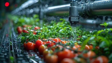 Hydroponic tomatoes and basil growing under irrigation in a modern indoor farm setting showcasing sustainable agriculture technology and fresh produce