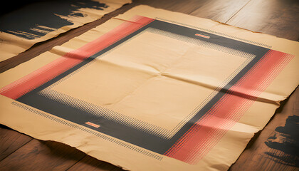 An aged sheet of paper with creases and worn edges lies on a wooden surface featuring a bold rectangular border design in red and black with dotted patterns giving it a vintage style