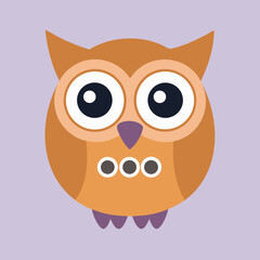 Simple orange owl illustration on lavender background with big round eyes