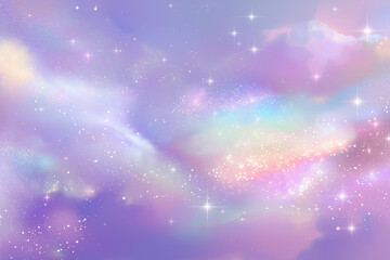 Obraz premium A dreamy, pastel galaxy with swirling clouds and sparkling stars in shades of purple, pink, and blue, evoking a sense of magic and wonder