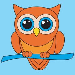 Orange cartoon owl with big blue eyes perched on a blue branch drawing