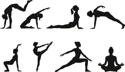 Yoga poses silhouette, meditation vector illustration, fitness exercise icons, black yoga figures, wellness clipart, balance and flexibility design elements