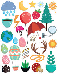 Colorful cartoon clipart set with cute everyday objects and nature elements