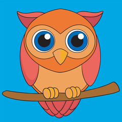 Cartoon owl perched on a branch with a blue background in a cute style