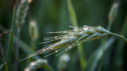 Dew drops on a ear of barley in a field