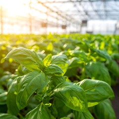 Obraz premium Greenhouse basil plants bathed in sunlight
