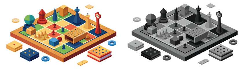 Handcrafted wooden Isometric Chess Board Game. These vector pictograms of challenge, logic, thinking, fun, recreation, tabletop game, family game, classic game, and illustration. 
