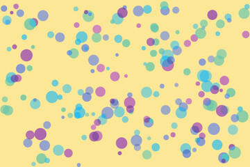 Scattered translucent circles in pastel blue purple and green on a pale yellow background abstract 1