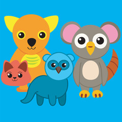 Cartoon animals gathering on a blue background, including a koala and a cat