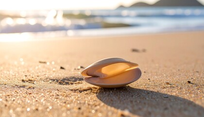 Seashell on golden beach at sunrise
