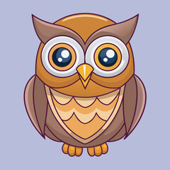 Adorable cartoon owl with big eyes and orange feathers sitting on a purple background