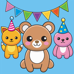 Cute cartoon animals celebrating a birthday party with colorful decorations