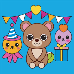 Adorable cartoon animals celebrating with gifts and colorful party decorations