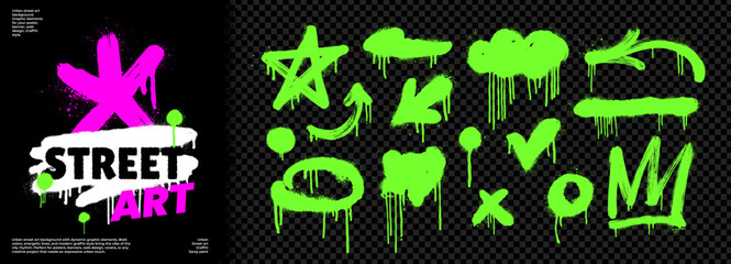 Obraz na płótnie Canvas Neon green spray paint shape set with acid splatter and toxic drip texture for urban design. Graffiti arrows, star, crown, oval and check marks.