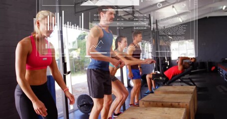 Group of five squatting then exploding into box jumps, bench pressing updating overlays for metrics - Powered by Adobe