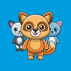 Cute cartoon raccoon standing with its friends on a bright blue background