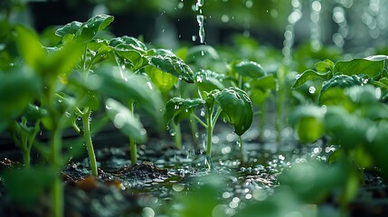 Invigorating water droplets nourish vibrant basil seedlings in an organic garden, promoting growth and sustainable living for a healthy lifestyle