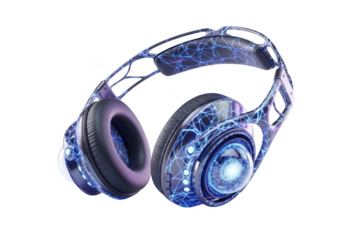 Futuristic glowing headphones with intricate blue digital circuitry and vibrant sound