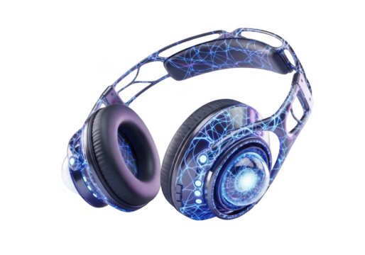 Futuristic glowing headphones with intricate blue digital circuitry and vibrant sound