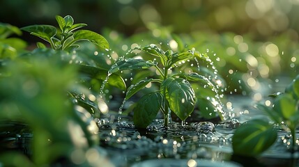 Tender basil seedlings glisten with water droplets in the morning sun, conveying freshness, organic gardening, and the promise of delicious culinary herbs
