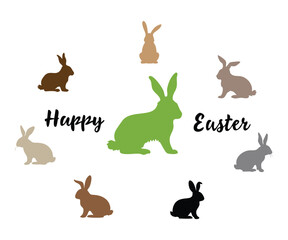 Whimsical easter greeting with a large green bunny silhouette surrounded by smaller colorful bunny silhouettes and text
