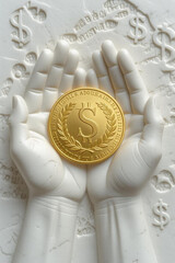 Golden investment coin held in pristine hands, embodying financial security and wealth creation, a symbol of prosperity and success for your business ventures