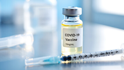COVID-19 vaccine vial and syringe on a reflective surface COVID-19 vaccine needle