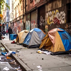 Urban alleyway with three tents and litter, suggesting homelessness