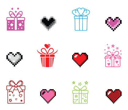 Collection of pixel art hearts and gift boxes in various colors and styles on a white background for design elements