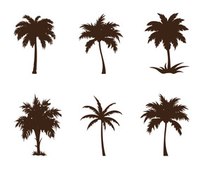 Naklejka premium Collection of six distinct dark brown silhouette palm trees with varied frond shapes and trunk styles isolated on a white background