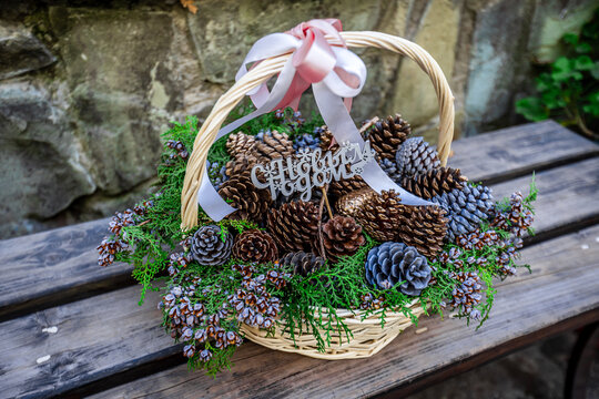 A basket of pine cones with a ribbon tied around it
