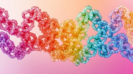 Colorful 3D model of polyethylene chains entangled a gradient pink background