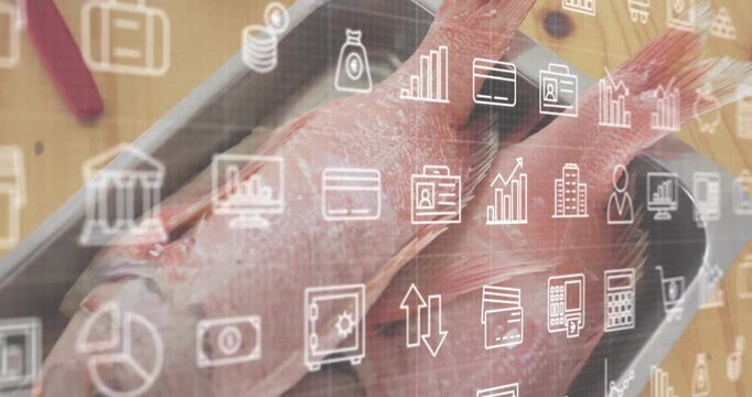 Camera panning downward revealing red fish bodies in tray under financial icons completing reveal