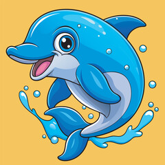 Obraz premium Cartoon dolphin jumping out of the water with splash on yellow background