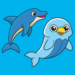 Two cartoon dolphins swimming side by side in the blue ocean water