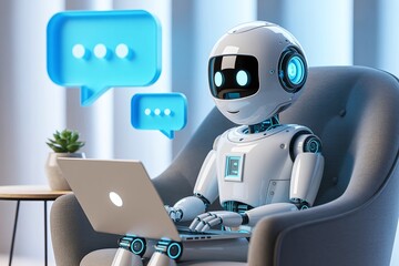 Friendly 3D robot mascot working on a laptop in a relaxed home office setting, featuring blue chat bubbles, symbolizing virtual assistant technology, customer service, and remote AI support.