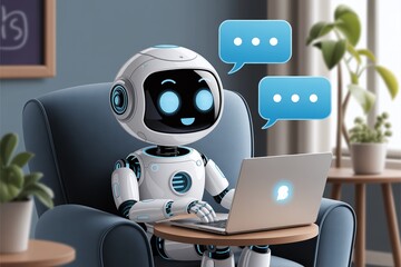 Friendly 3D robot mascot working on a laptop in a relaxed home office setting, featuring blue chat bubbles, symbolizing virtual assistant technology, customer service, and remote AI support.