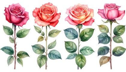 Naklejka premium Four watercolor roses with leaves